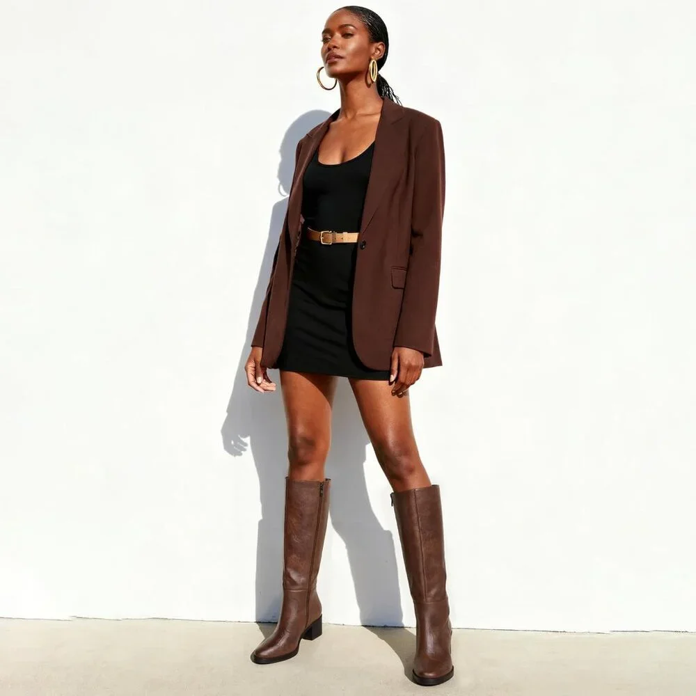 Women's Retro Brown Chunky Heel Round Zipper Winter Dress Tall Knee High Boots